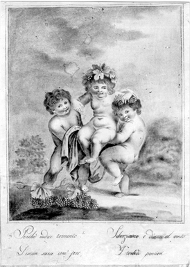 Bacco bambino con due puttini