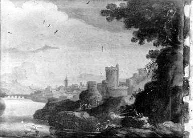 paesaggio con scena di caccia