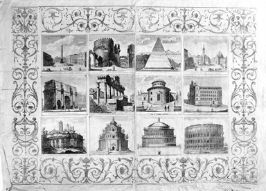 Vedute Roma: Colonna antonina; Tomba Cecilia Metella; Piramide Caio Cestio; Colonna traiana; Arco di Costantino; Tempio della Concordia; Tempio di Claudio; Teatro di Pompeo; Anfiteatro castrense; Mausoleo di Augusto; Mausoleo di Adriano; Colosseo