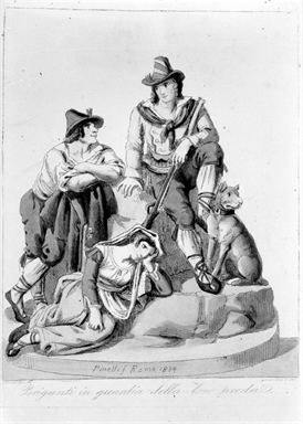 Figure maschili e figura femminile con cane