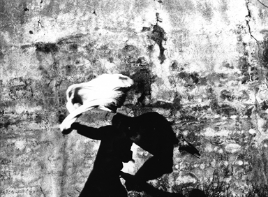 ombra d'uomo sventola telo bianco