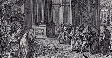 Aronne con Mosè davanti al faraone trasforma la verga in serpente