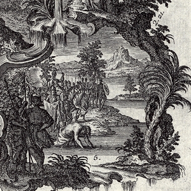 Elia separa le acque del fiume Giordano e l'attraversa con Eliseo