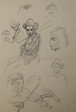 studio di teste femminili e donna con violino