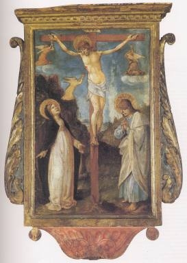 crocifissione; San Michele Arcangelo adorato dai confratelli