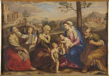 La Vergine con Bambino, San Giovannino, Sant'Elisabetta con  San Zaccaria che legge un libro retto da un Angelo