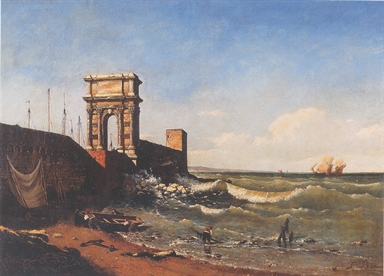 Veduta del molo di Ancona con l'Arco di Traiano