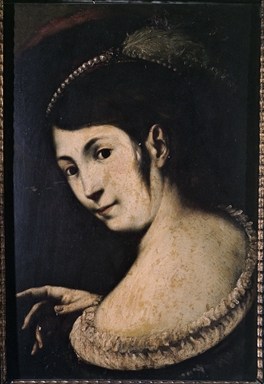 Busto di donna con cappello piumato